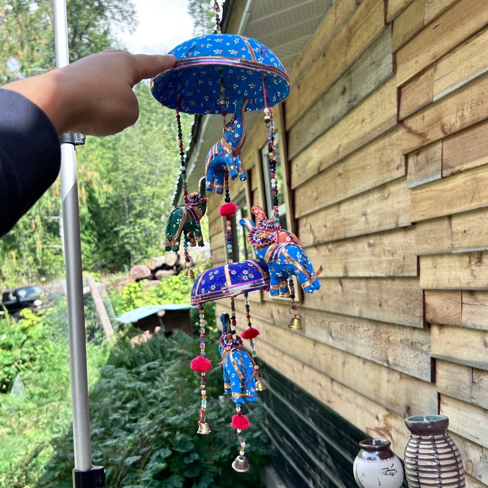 Vintage Indian Elephant Mobile Rajasthani Jhumar Blue Boho Wind Chime Large MCM